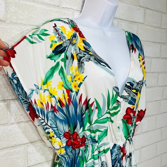 Tropical Rayon Floral Button Midi Dress Size Large Vacation Resort Boho Beachy - Picture 7 of 12